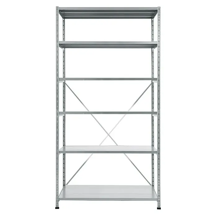Scholz Metallregal SE - Höhe: 228 cm, B x T: 105 x 30 cm, Traglast pro Boden: 100 kg, Anzahl Böden: 6 Stk., Stecken, Silber - Abbildung eines grauen Metallregals mit fünf Regalböden, ideal für Lagerung und Organisation in Garage oder Keller.