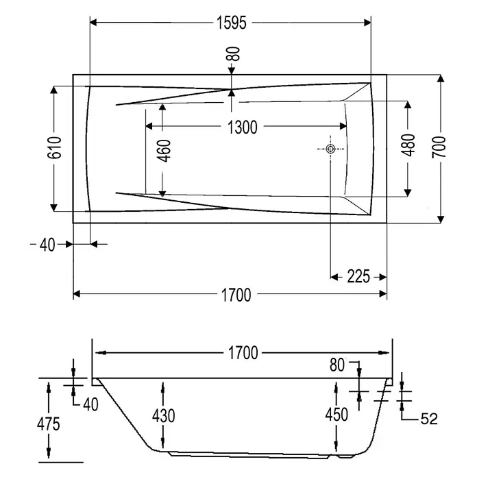 Ottofond Badewanne Santos - 170 x 70 cm, Sanitäracryl, Weiß - Technische Zeichnung einer Badewanne mit verschiedenen Maßangaben.