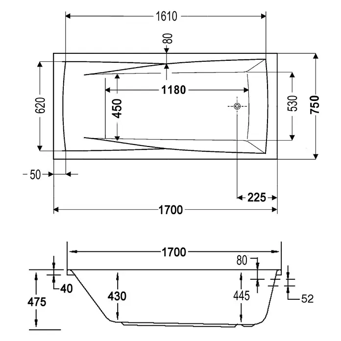 Ottofond Badewanne Santos - 170 x 75 cm, Sanitäracryl, Weiß - Eine detaillierte Schemazeichnung einer Badewanne mit genauen Maßangaben für Design und Installation.