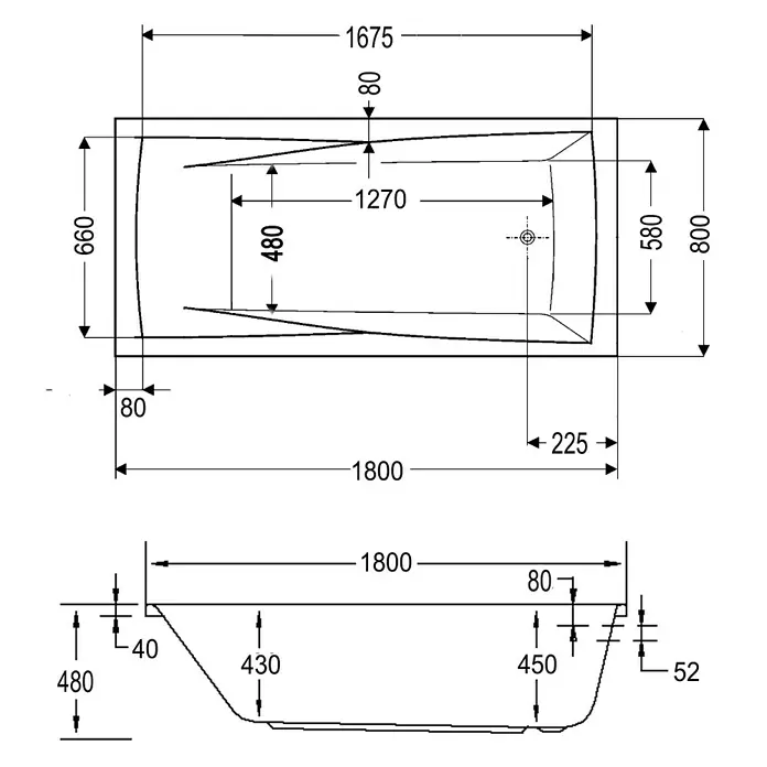 Ottofond Badewanne Santos - 180 x 80 cm, Sanitäracryl, Weiß - Technische Zeichnung einer rechteckigen Badewanne mit abgerundeten Kanten, einschließlich Maßangaben für Länge, Breite und Tiefe.
