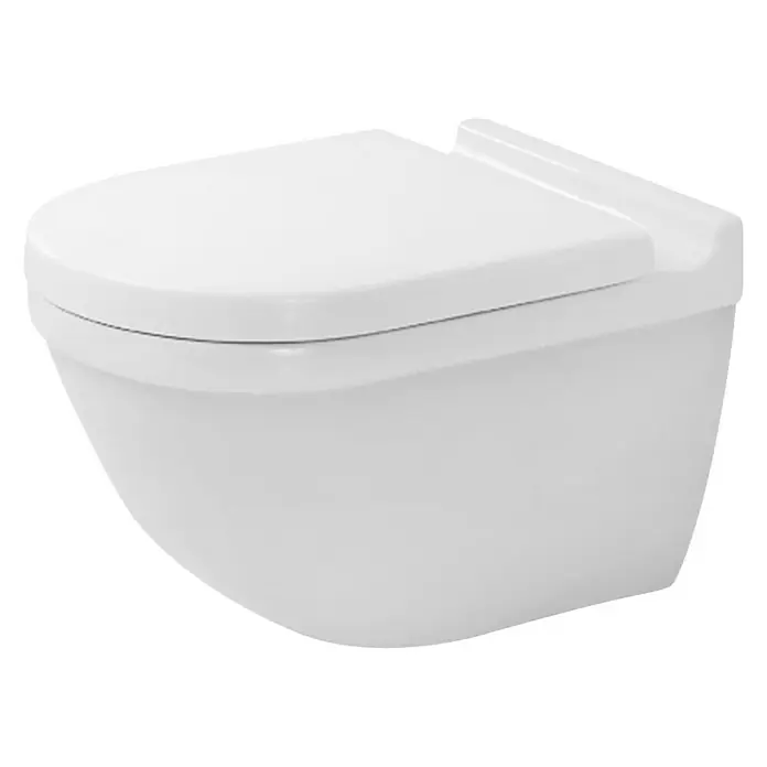 Duravit Starck 3 Wand-WC-Set - Mit Spülrand, Ohne Spezialglasur, Spülform: Tief, WC Abgang: Waagerecht, Sichtbarkeit Befestigung: Verdeckt - Nahaufnahme einer weißen wandhängenden Toilette mit geschlossenem Deckel, die ein modernes und hygienisches Design zeigt.