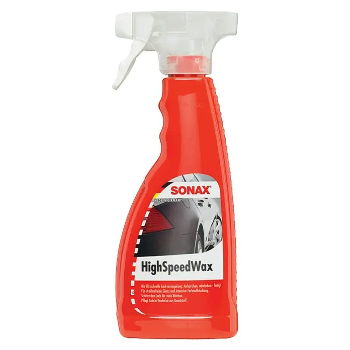 Sonax Lackversiegelung HighSpeedWax - 500 ml - Abbildung einer roten Sprühflasche Sonax HighSpeedWax, die für eine schnelle Lackversiegelung und intensiven Farbschutz sorgt.