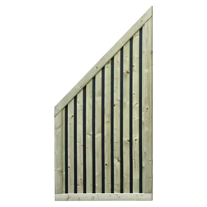 Joda Sichtschutzelement Malmö - 90 x 90/180 cm, Holz, Natur/ Schwarz - Helles Holzzaunfeld mit diagonalem Oberteil und schwarzen vertikalen Fülllatten.