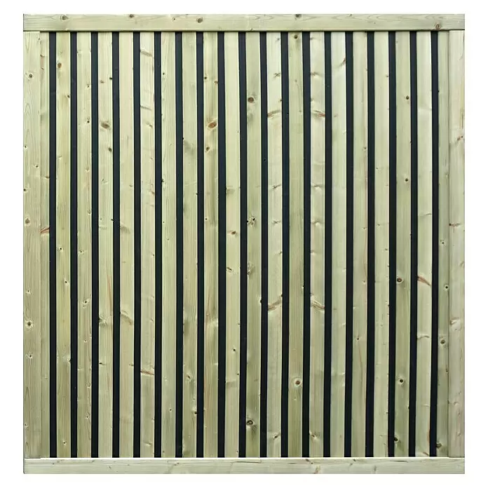 Joda Sichtschutzelement Malmö - 180 x 180 cm, Holz, Natur/ Schwarz - Holzzaunfeld mit hellen vertikalen Lamellen und dunklen Zwischenräumen, oben und unten gerahmt.