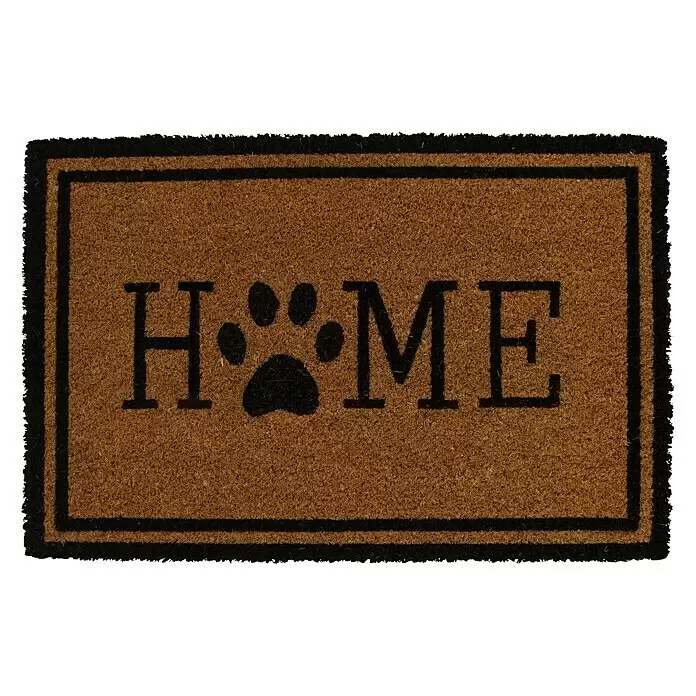 Fußmatte - 58 x 38 cm, Natur/Schwarz, Material Nutzschicht: Kokos, Home, Kokos - Braune Kokos-Fußmatte mit schwarzem "HOME"-Text und Pfotenabdruck anstelle des 'O', umrahmt von einem schwarzen Rand.