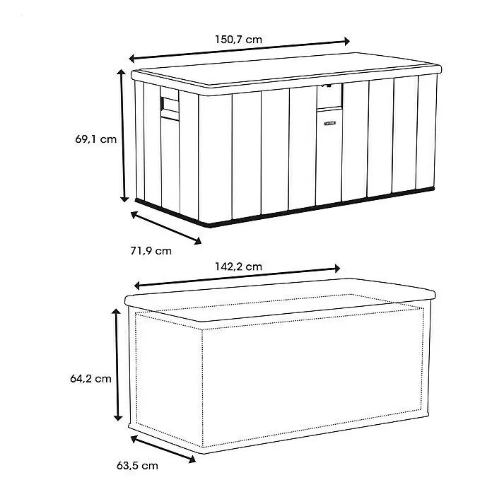 Lifetime Gartenbox - L x B x H: 72 x 151 x 69 cm, Kunststoff, 570 l, Lichtgrau - Outdoor-Aufbewahrungsbox mit Außenmaßen 150,7x71,9x69,1 cm und Innenmaßen 142,2x63,5x64,2 cm.
