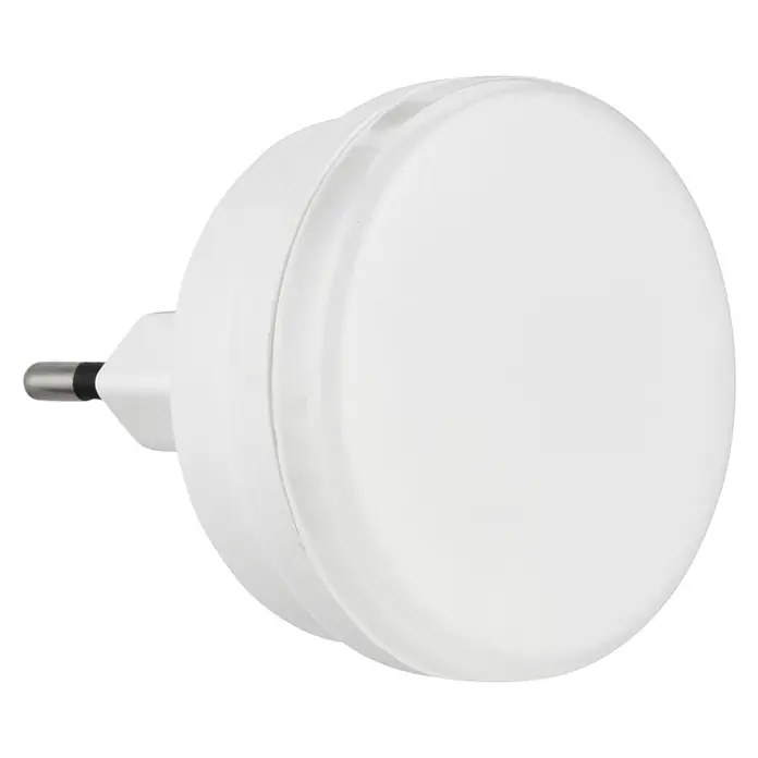 Orientierungslicht - 0,2 W, Weiß, Ø x H: 48 x 55 mm - Nahaufnahme eines runden, weißen EU-Steckers mit Metallstiften, ideal für den Einsatz in europäischen Steckdosen.