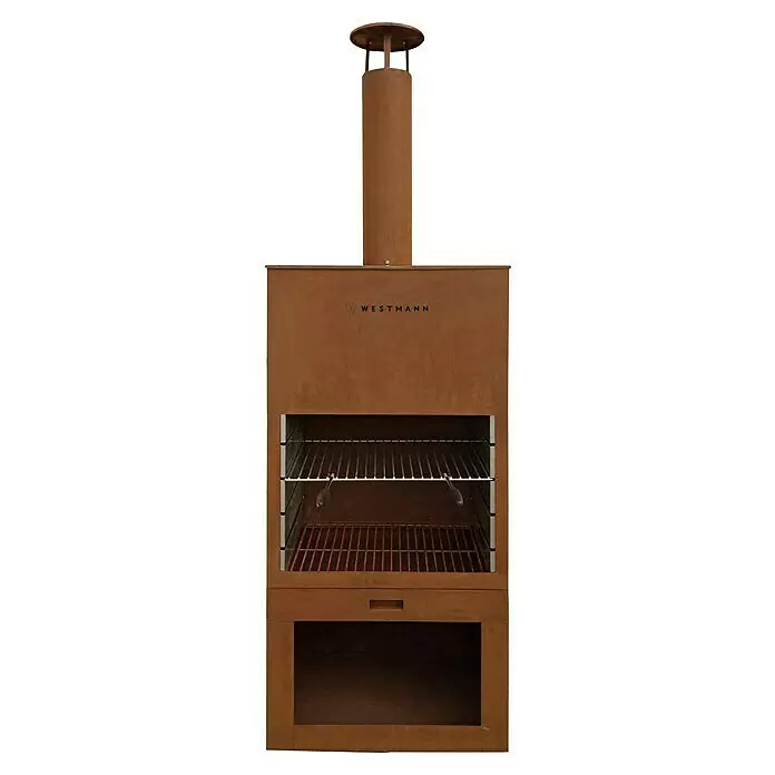Westmann Grillkamin - L x B x H: 410 x 700 x 2.290 mm, Rost, Stahl - Rostbrauner Outdoor-Grill mit Kamin, Kochrost und unterem Ablagefach.