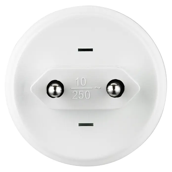 Orientierungslicht - 0,2 W, Weiß, Ø x H: 48 x 55 mm - Nahaufnahme einer runden, weißen Steckdose mit zwei Stiften, ausgelegt für 10 A und 250 V, geeignet für den europäischen Markt.