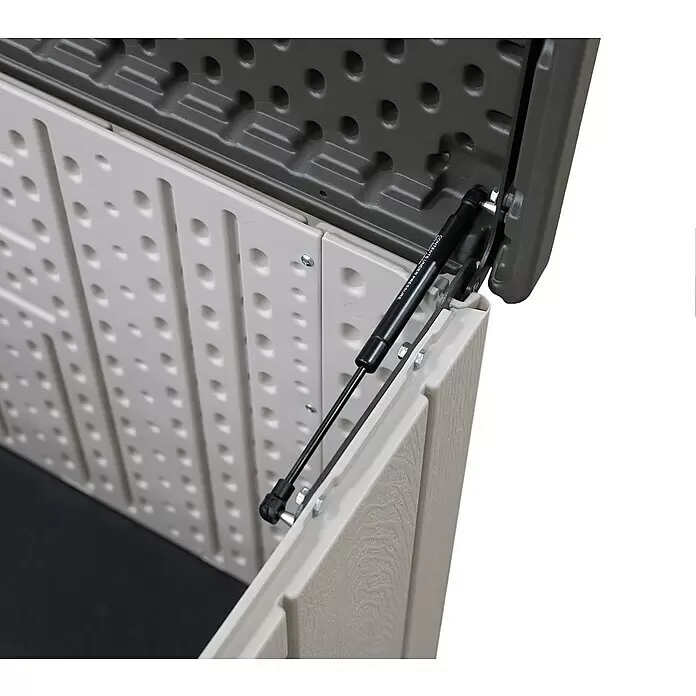 Lifetime Gartenbox - L x B x H: 72 x 151 x 69 cm, Kunststoff, 570 l, Lichtgrau - Detail einer geöffneten beigen und grauen Kunststoff-Aufbewahrungsbox mit Gasdruckfeder am Deckel.