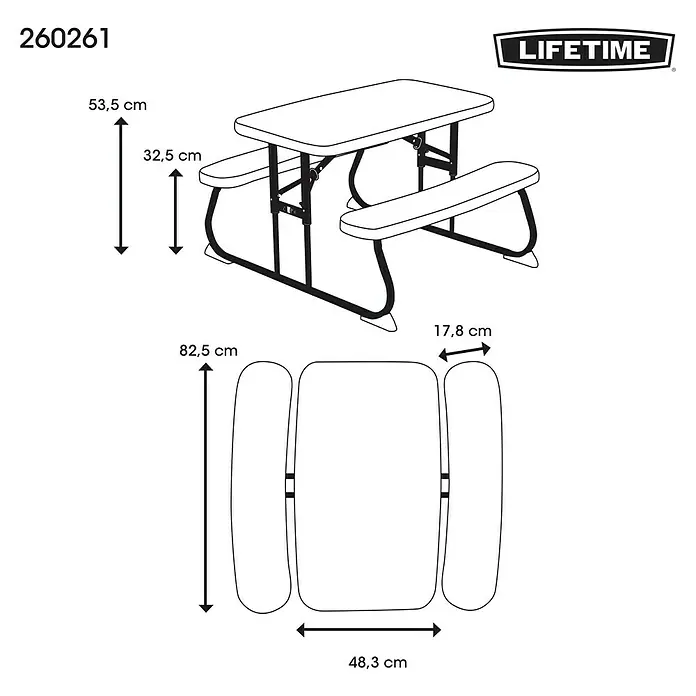 Lifetime Kinder-Picknicktisch - L x B x H: 83 x 90 x 54 cm, Polypropylen, Blau - Abbildung eines Lifetime Kindertischs mit Bänken mit den Maßen 53,5x82,5x48,3 cm.