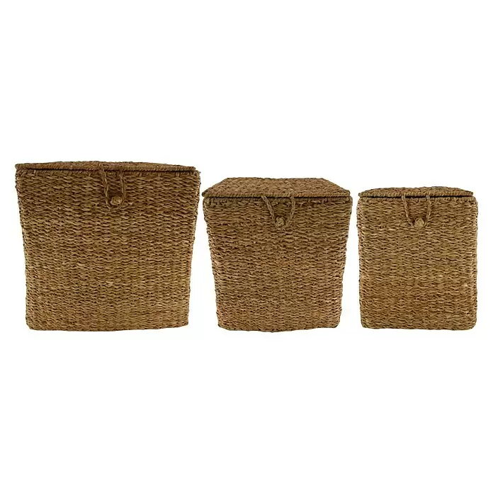 Korb Lid - 1 Stk., L x B x H: 38 x 38 x 38 cm, Natur - Drei rechteckige Wäschekörbe aus geflochtenem Seegras mit Deckel.
