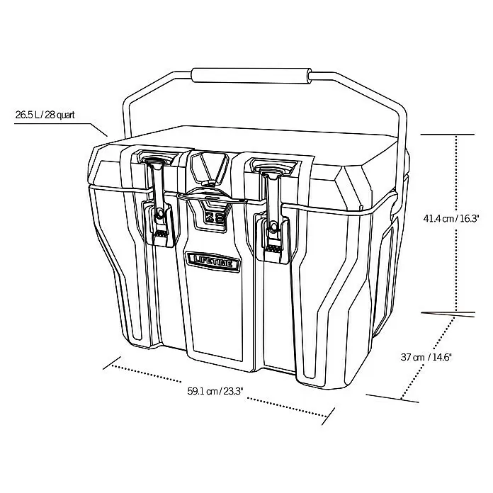 Lifetime Kühlbox Cooler - 26,5 l, Grau/Blau - Strichzeichnung einer 26.5L Lifetime Kühlbox mit Griff, Verschlüssen und Maßen von 59.1x37x41.4 cm.