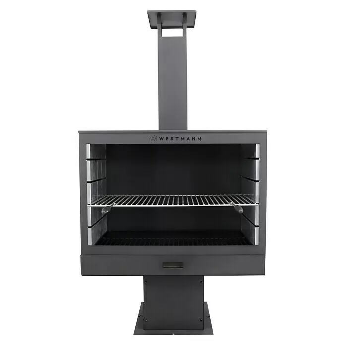 Westmann Grillkamin - L x B x H: 500 x 300 x 1.600 mm, Stahl, Schwarz - Dunkelgrauer Metall-Gartenkamin und Grill mit integriertem Schornstein und Grillrost.