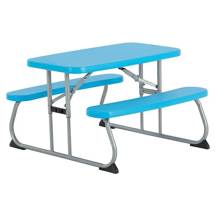 Lifetime Kinder-Picknicktisch - L x B x H: 83 x 90 x 54 cm, Polypropylen, Blau - Bild einer blauen Kindersitzgarnitur mit klappbarem Metallgestell. Perfekt für den Garten, Picknick oder zum Spielen im Freien.