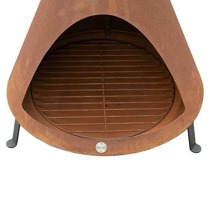Westmann Feuerstelle - 70 x 70 x 160 cm, Metall, Rost - Rostbraune Metall-Feuerschale mit integriertem Grill und dunklen Beinen.