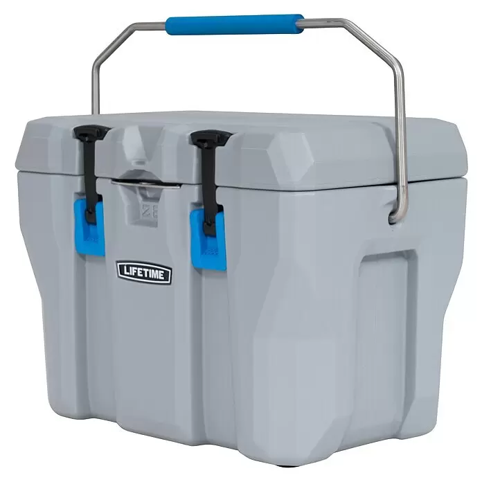 Lifetime Kühlbox Cooler - 26,5 l, Grau/Blau - Graue Lifetime Kühlbox mit blauem Komfortgriff und Verschlüssen.