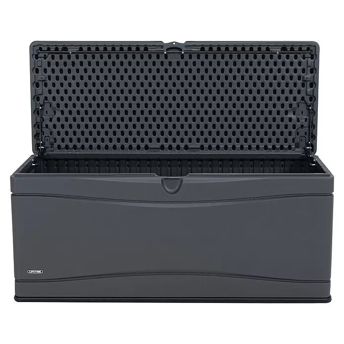 Lifetime Auflagenbox - 573 x 1.525 x 67 cm, Kunststoff, Anthrazit - Dunkelgraue Lifetime Kunststoff-Aufbewahrungsbox für den Außenbereich mit offenem Deckel.