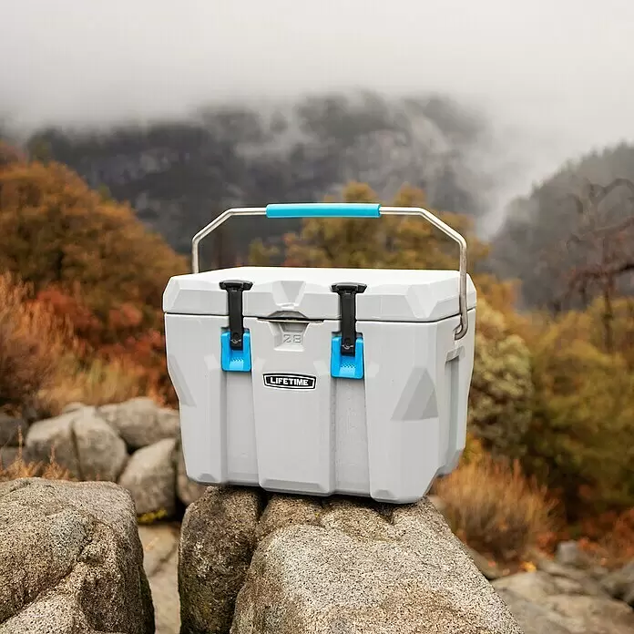 Lifetime Kühlbox Cooler - 26,5 l, Grau/Blau - Graue Lifetime-Kühlbox mit blauem Griff und Verschlüssen, auf Felsen in nebliger Naturlandschaft.