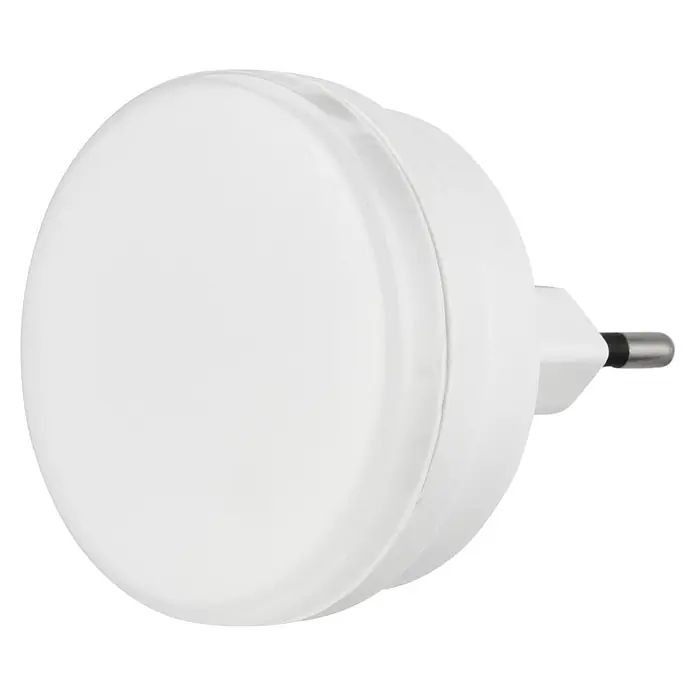 Orientierungslicht - 0,2 W, Weiß, Ø x H: 48 x 55 mm - Nahaufnahme einer runden, weißen LED-Nachtlampe mit Stecker auf schwarzem Hintergrund.