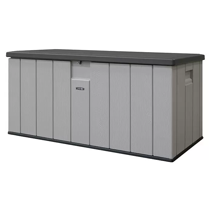 Lifetime Gartenbox - L x B x H: 72 x 151 x 69 cm, Kunststoff, 570 l, Lichtgrau - Große hellgraue Outdoor-Aufbewahrungsbox mit dunkelgrauem Deckel und Holzmaserung, ideal für Gartengeräte.