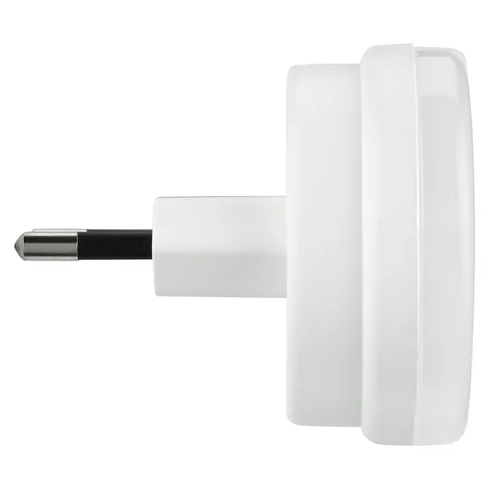 Orientierungslicht - 0,2 W, Weiß, Ø x H: 48 x 55 mm - Ein weißer, runder Stecker für eine Steckdose, mit einem Stift aus Metall, auf einem schwarzen Hintergrund.