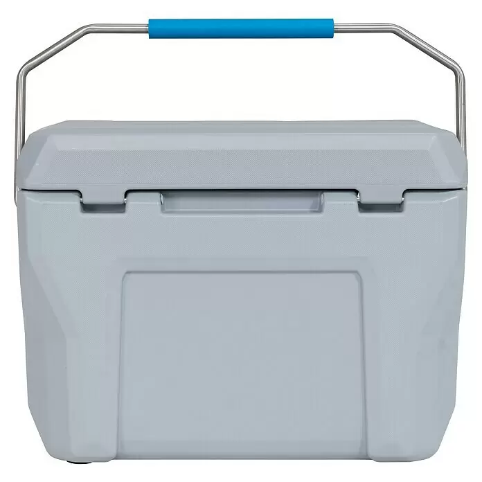 Lifetime Kühlbox Cooler - 26,5 l, Grau/Blau - Hellgraue Kühlbox mit blauem Griff und Metallbügel.