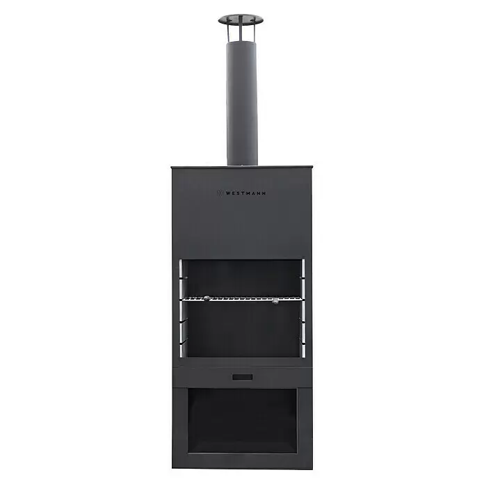 Westmann Grillkamin - L x B x H: 410 x 700 x 2.290 mm, Schwarz, Stahl - Dunkelgrauer Metall-Außengrill mit Schornstein, verstellbarem Rost und unterem Ablagefach. Logo "WESTMANN" sichtbar.