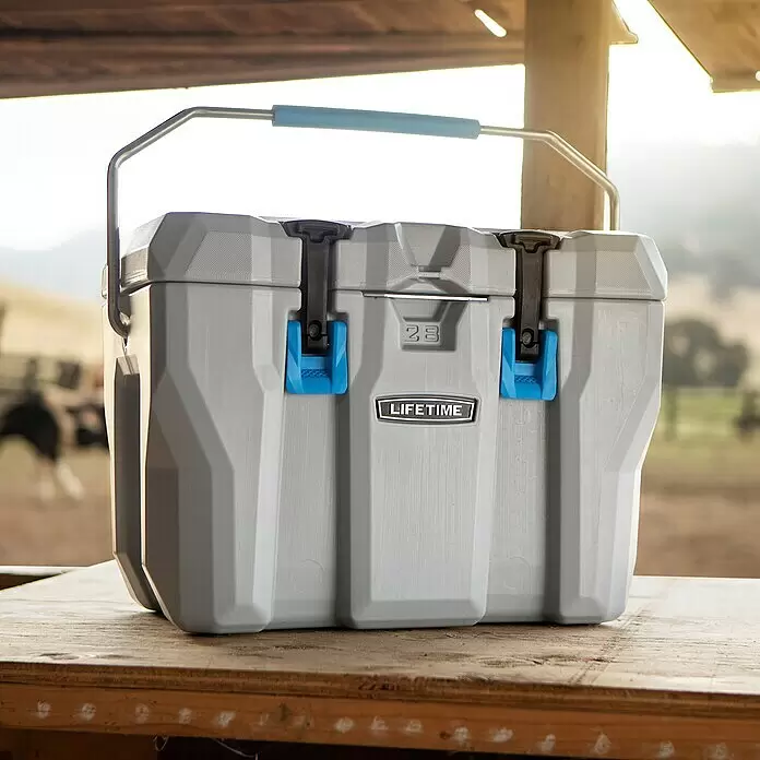 Lifetime Kühlbox Cooler - 26,5 l, Grau/Blau - Graue Lifetime Kühlbox mit blauen Verschlüssen und Griffpolster auf Holztisch draußen. Prägung '28'.