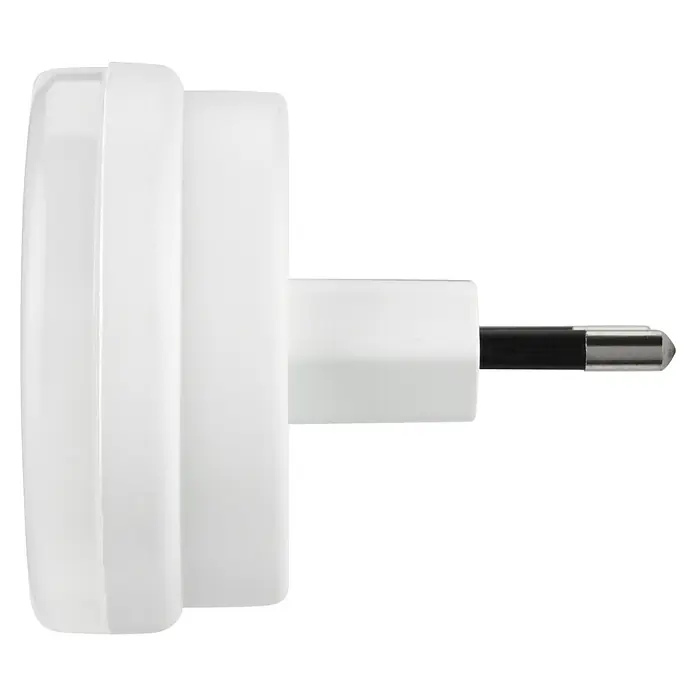 Orientierungslicht - 0,2 W, Weiß, Ø x H: 48 x 55 mm - Ein weißer Eurostecker mit abgerundetem Design. Der Stecker hat einen einzelnen Stift, der aus dem Gehäuse hervorragt für die Steckdose.