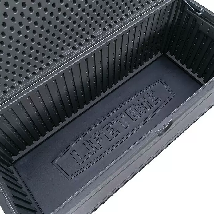 Lifetime Auflagenbox - 573 x 1.525 x 67 cm, Kunststoff, Anthrazit - Offene dunkelgraue Kunststoff-Aufbewahrungsbox mit geprägtem LIFETIME-Logo am Boden und texturiertem Deckel und Innenwänden.