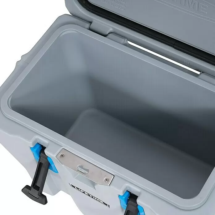 Lifetime Kühlbox Cooler - 26,5 l, Grau/Blau - Offene graue Kühlbox mit blauen und schwarzen Verschlüssen, die das Innere und die schwarze Dichtung des Deckels zeigt.
