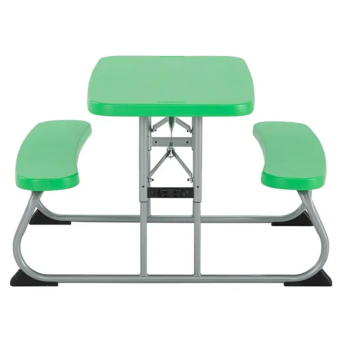 Lifetime Kinder-Picknicktisch - L x B x H: 83 x 90 x 54 cm, Polypropylen, Grün - Bild eines grünen Picknicktisches mit zwei integrierten Sitzen und grauem Metallgestell, ideal für den Garten oder Ausflüge.