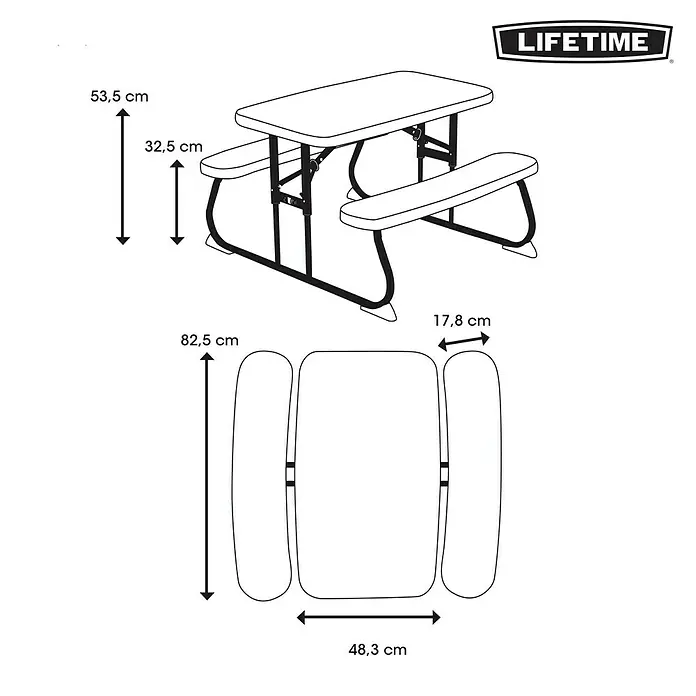 Lifetime Kinder-Picknicktisch - L x B x H: 83 x 90 x 54 cm, Polypropylen, Grün - Abbildung eines Lifetime Picknicktisches mit Größenangaben, die die Abmessungen verdeutlichen.