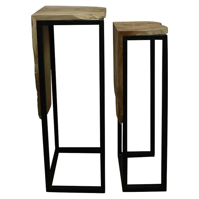 Beistelltisch Dekosäule - 1 Stk., 29 x 28 x 77 cm, Holz - Zwei moderne Beistelltische mit einer naturbelassenen Holzplatte und einem schwarzen Metallgestell. Die Tische sind unterschiedlich hoch.