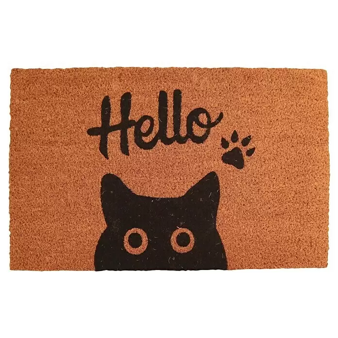 Fußmatte - 58 x 38 cm, Natur/Schwarz, Material Nutzschicht: Kokos, Katze, Kokos - Braune Kokos-Fußmatte mit schwarzem „Hello“-Schriftzug, Katzenkopf und Pfotenabdruck.