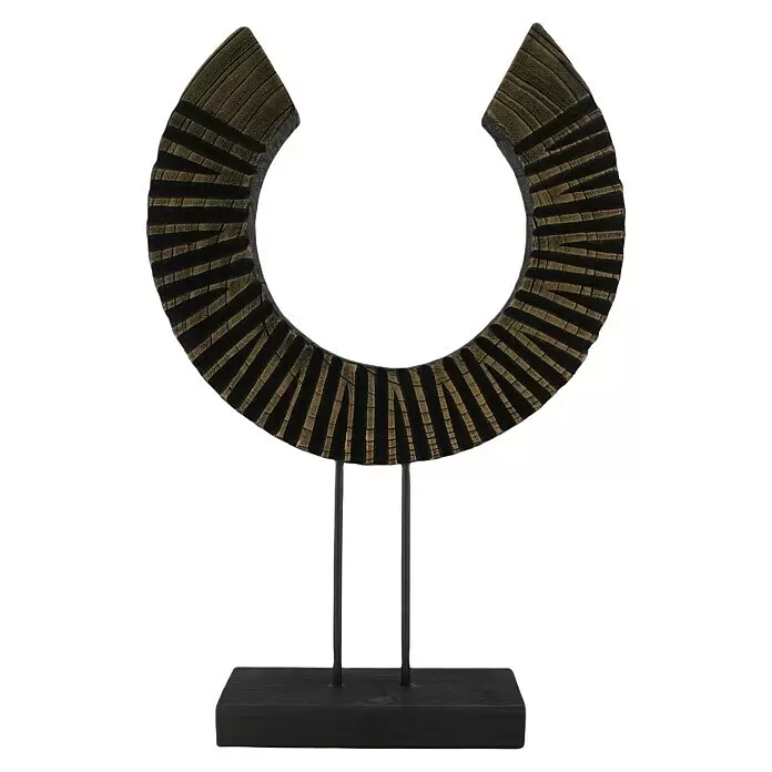 Dekofigur Halbrund - L x B x H: 38 x 9 x 58 cm, Schwarz/Gold, Holz - Schwarz-goldenes, halbkreisförmiges Deko-Objekt mit strukturierten Streifen auf schwarzem Sockel.