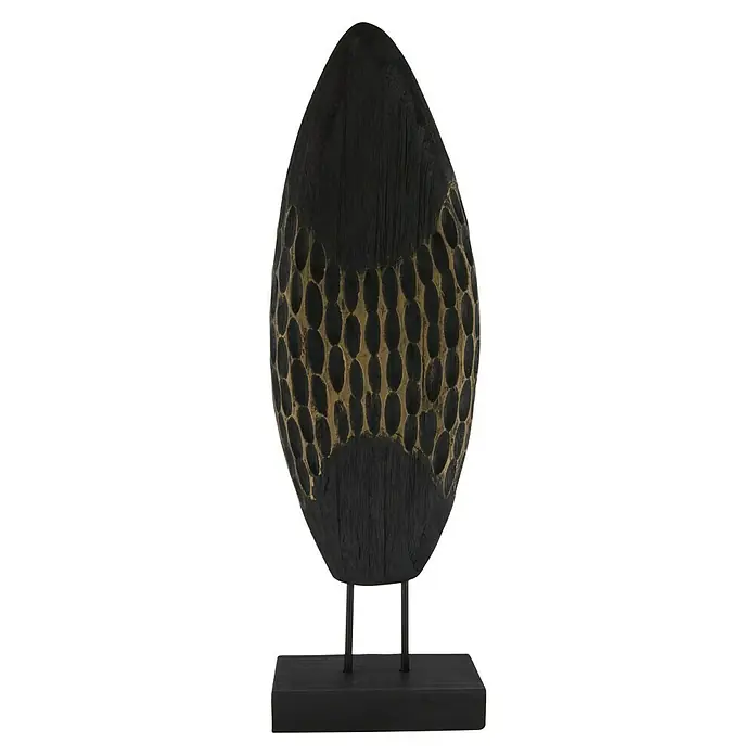 Dekofigur - L x B x H: 18 x 9 x 58 cm, Schwarz/Gold, Holz - Dekorative schwarze Skulptur mit eingeschnittenem Muster, elegant auf einem passenden Ständer präsentiert, ideal für modernes Ambiente.