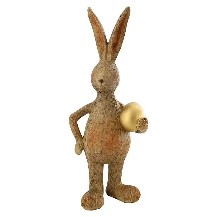 Dekofigur Hase Felix - L x B x H: 10 x 10 x 27 cm, Braun - Braune Hasenfigur mit goldenem Osterei.