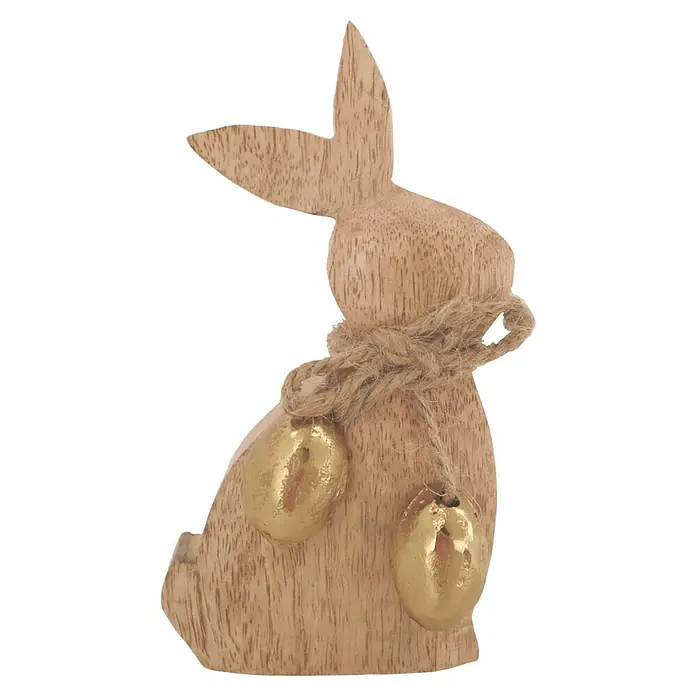 Dekofigur Hase - L x B x H: 7,5 x 4 x 14 cm, Natur/Gold, Holz - Dekorative Holzosterfigur in Hasenform mit goldenen Eiern am Hals, ideal für festliche Akzente.