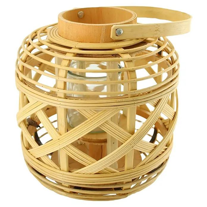 Laterne Rattan - Ø x H: 22 x 24 cm, Natur - Dekorative Laterne aus Rattan mit einem Glaseinsatz für stimmungsvolle Beleuchtung im Innen- und Außenbereich.