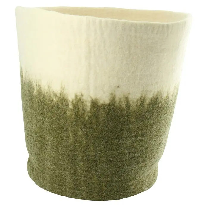 Korb Filz - Ø x H: 38 x 38 cm, Weiß/Grün - Zweifarbiger Wollfilzkorb in Weiß und Olivgrün, ideal als Übertopf für Pflanzen oder zur Aufbewahrung kleiner Gegenstände. Handgefertigt und dekorativ.