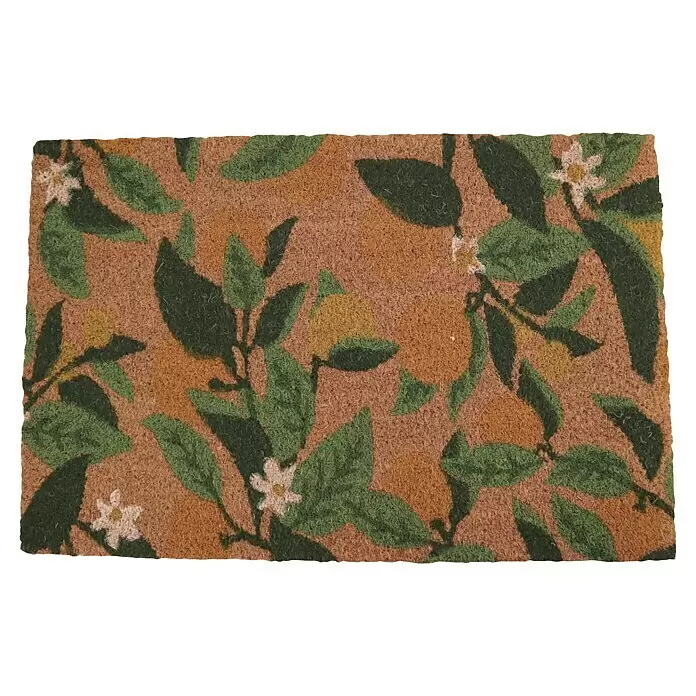 Fußmatte - 58 x 38 cm, Natur/Grün, Material Nutzschicht: Kokos, Lime, Kokos - Kokos-Fußmatte mit einem Muster aus gelben Zitrusfrüchten, grünen Blättern und weißen Blüten.