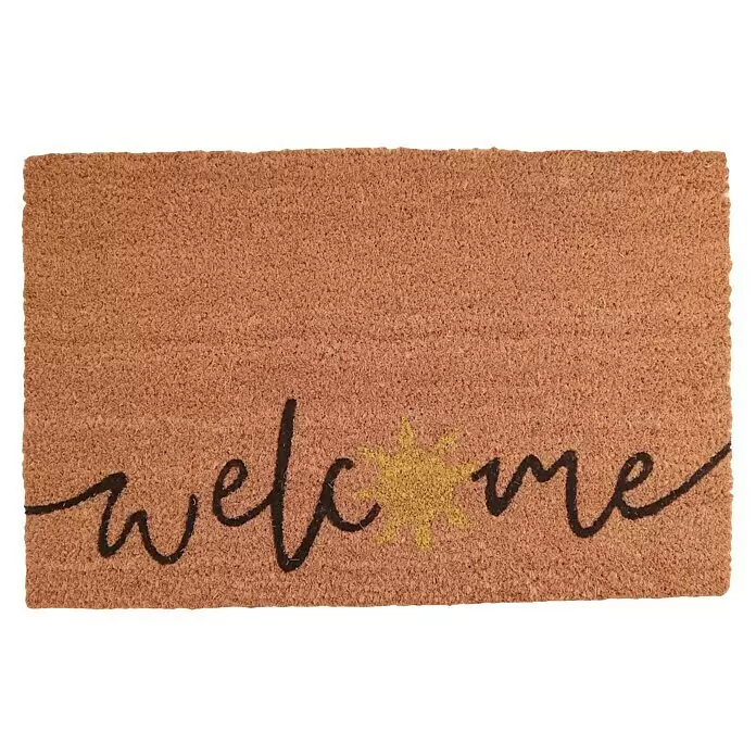 Fußmatte - 58 x 38 cm, Natur/Schwarz, Material Nutzschicht: Kokos, Welcome, Kokos - Braune Kokos-Fußmatte mit schwarzem "welcome"-Schriftzug und gelber Sonne anstelle des 'o'.