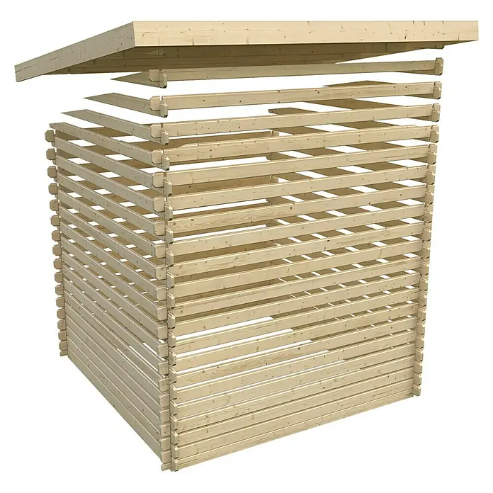 Karibu Gartenhaus Bastrup 7 - Außenmaß inkl. Dachüberstand (B x T): 674,5 x 333 cm, Holz, Natur, Mit Anbaudach, Seiten- und Rückwand - Eine Ansicht des Holzrahmenbaus einer Holzkonstruktion, die die Schichtbauweise und die schwebende Dachkonstruktion betont.