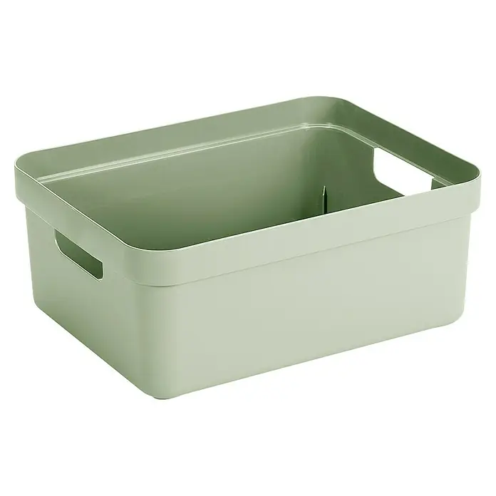 Sunware Aufbewahrungsbox Sigma Home - L x B x H: 44,5 x 34,5 x 18,3 cm, Kunststoff, Hellgrün - Nahaufnahme einer hellgrünen, leeren Aufbewahrungsbox aus Kunststoff mit Griffen, die Ordnung und Stil in jeden Raum bringt.