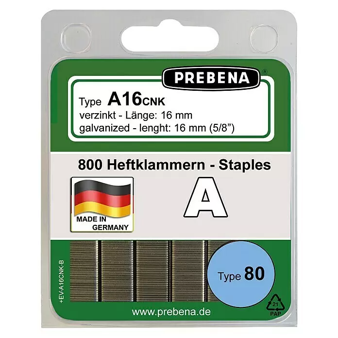 Prebena Heftklammer Typ A - Länge: 16 mm, Rückenbreite: 12,8 mm, 800 Stk. - PREBENA A16CNK verzinkte Typ 80 Heftklammern, 16 mm (5/8"), 800 Stück.