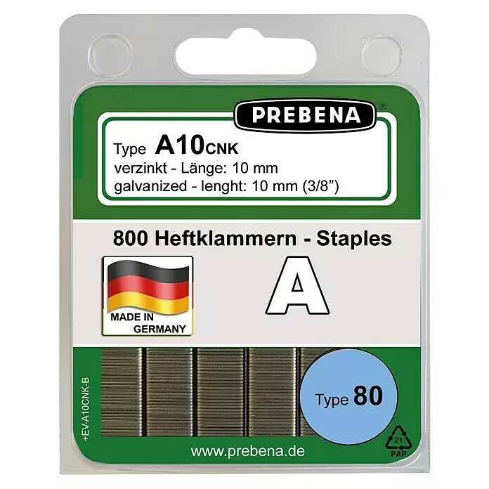 Prebena Heftklammer Typ A - Länge: 10 mm, Rückenbreite: 12,8 mm, 800 Stk. - PREBENA A10CNK Typ 80 verzinkte Heftklammern, 10 mm (3/8"), 800 Stück, in transparenter/grüner Packung.
