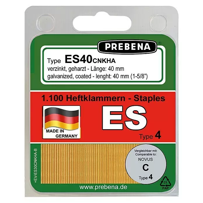 Prebena Heftklammer Typ ES - Länge: 40 mm, Rückenbreite: 5,95 mm, 700 Stk. - PREBENA ES Typ 4 verzinkte, geharzte Heftklammern, 40 mm, 1.100 Stück. Goldgelb.
