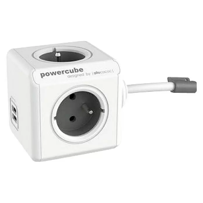 Steckdosenwürfel - 4-fach, Grau, 1,5 m - Weißer kubischer PowerCube Mehrfachsteckdosenadapter mit Schuko-Steckdosen, USB-Anschlüssen und kurzem Kabel.